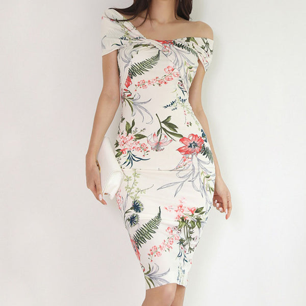 Off-the-shoulder elegant print sheath dresses