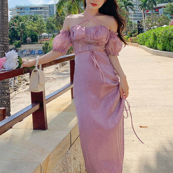 Off the shoulder puff sleeve solid maxi dresses