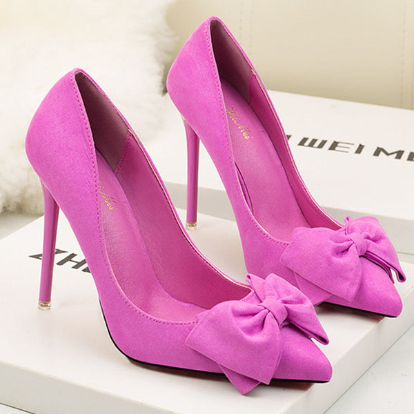Sexy solid bowknot pointed high heels