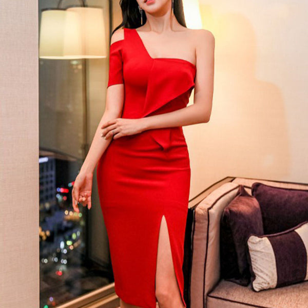 Fashion short sleeve split red dresses