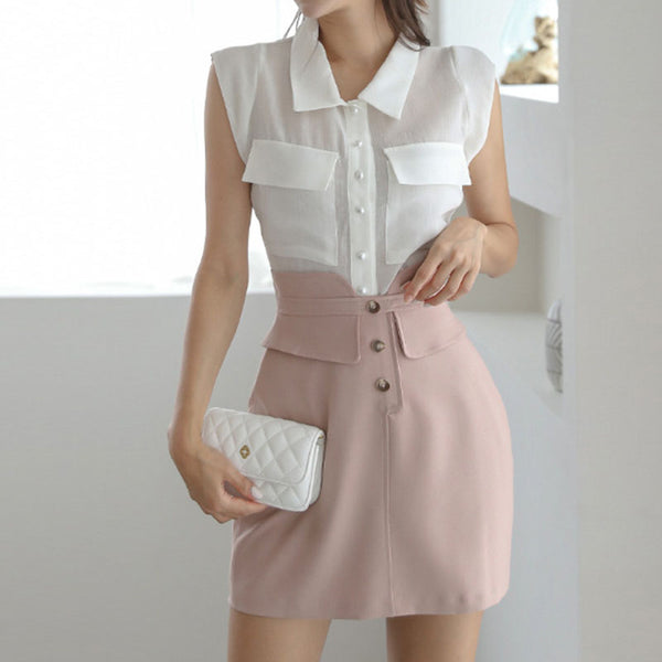 Lapel sleeveless blouses & high waisted mini skirts