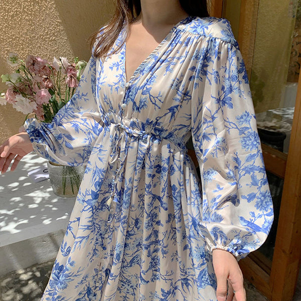 V-neck long blue floral cinched waist beach dresses