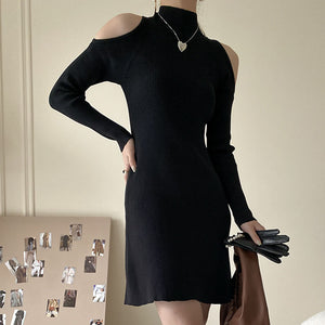 Mock neck black open shoulder knitted dresses