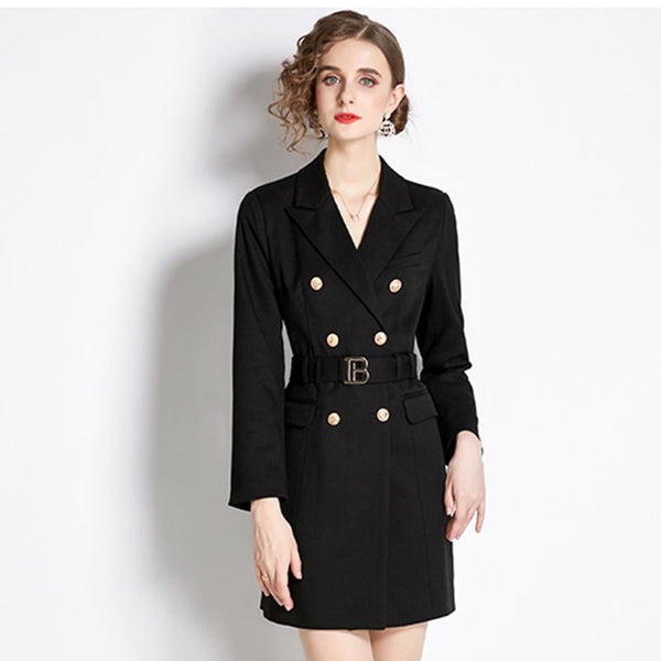 Stylish solid lapel long sleeve belted blazers dresses