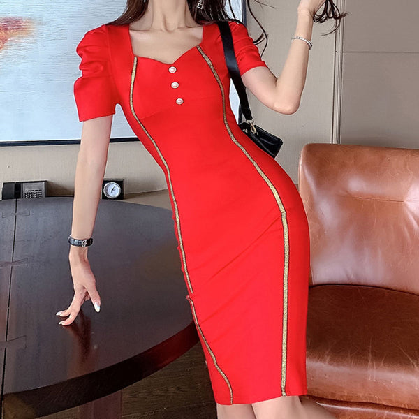 Square neck contrast piping bodycon dresses