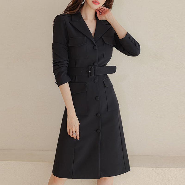 Lapel belted office bodycon midi dresses