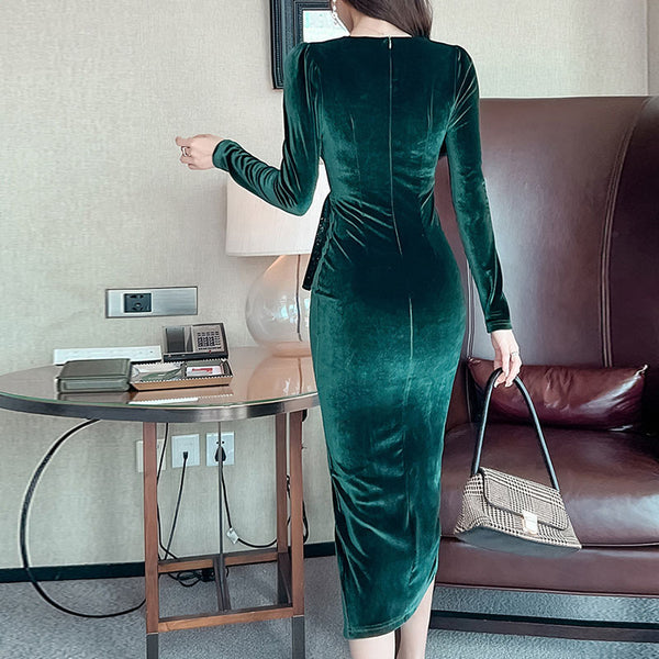 Velvet v-neck long sleeve split slim dresses