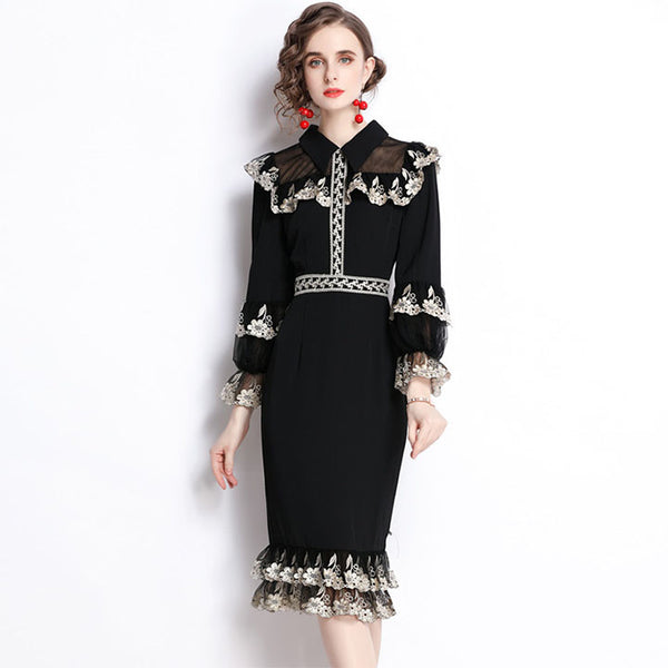 Turn down collar long sleeve embroidered bodycon dresses