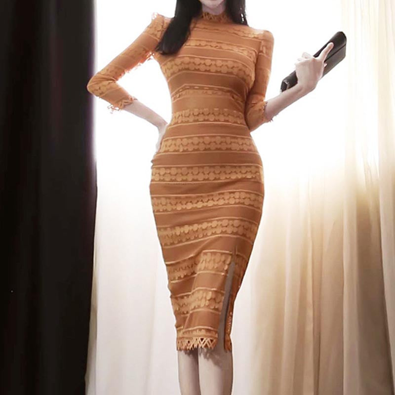 Lace split 3/4 sleeve bodycon dresses