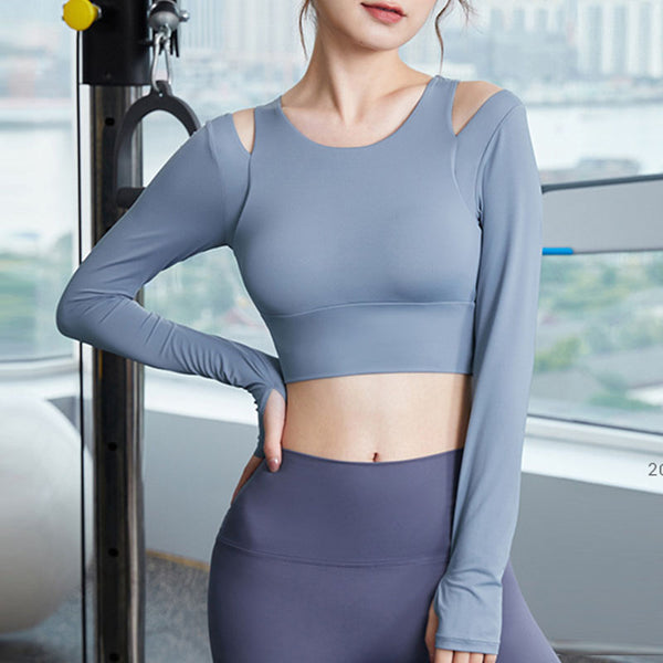 Cold shoulder solid long sleeve active tees