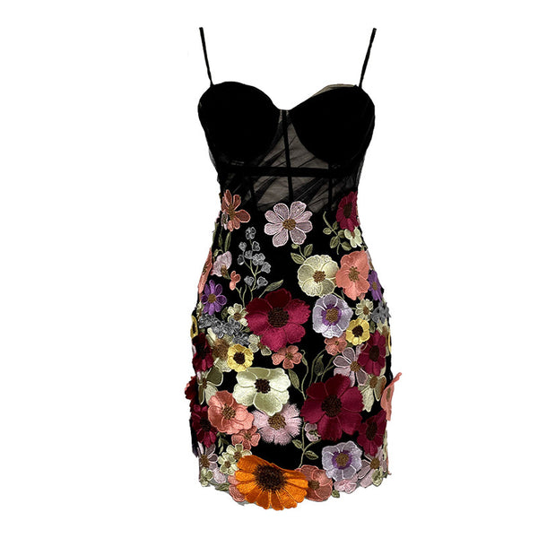 Sexy flower embroidery mesh patchwork strap mini dresses