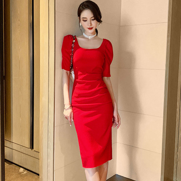 Elegant red square neck short sleeve party dresses