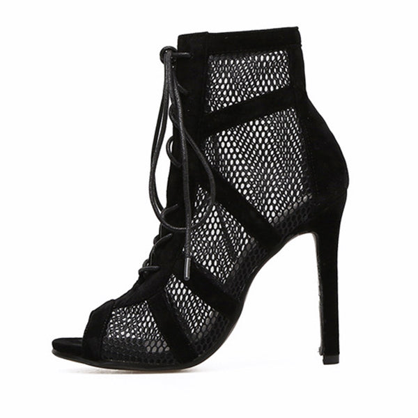 Peep toe lace-up openwork sandals