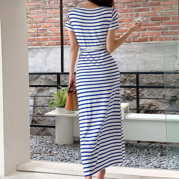 Casual striped wrap split maxi dresses