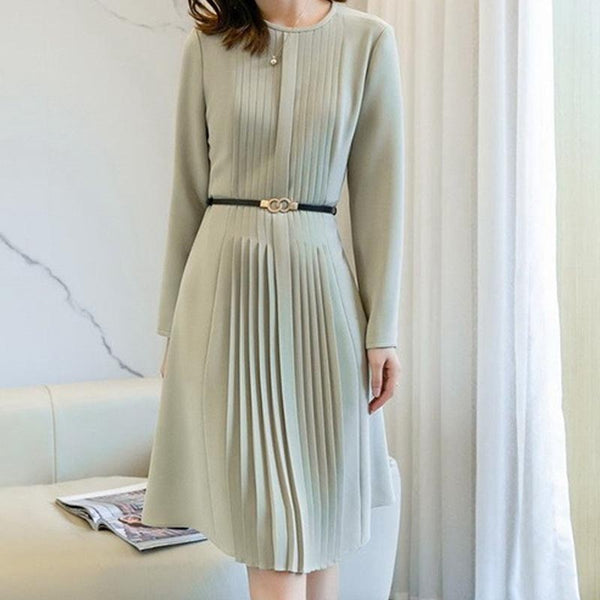 Elegant crew neck long sleeve pleated skater dresses