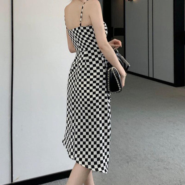 Stylish checkerboard v-neck irregular strap dresses