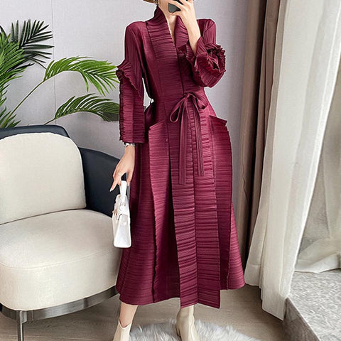 Chic shirred long sleeve belted long dresses
