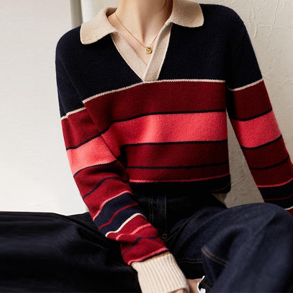 Vintage color hit polo collar long sleeve sweaters