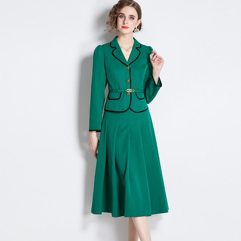 Stylish lapel long sleeve blazers and pleated a-line skirts suits