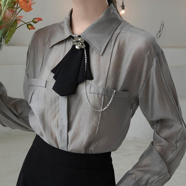 OL solid lapel tie  long sleeve blouses
