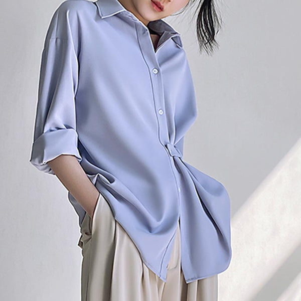Loose lapel long sleeve button up blouses