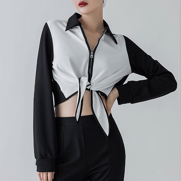 Casual colot hit long sleeve lapel front cross crop tops