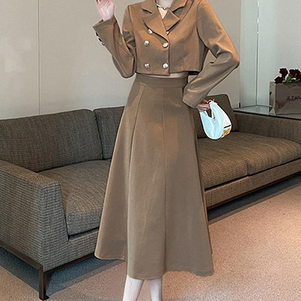 Solid lapel long sleeve short blazers and high wasit a-line skirts suits