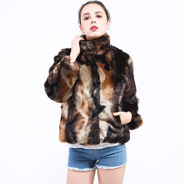 Mock neck winter short faux fur coats