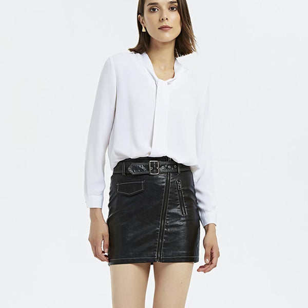Belted biker faux leather mini skirts