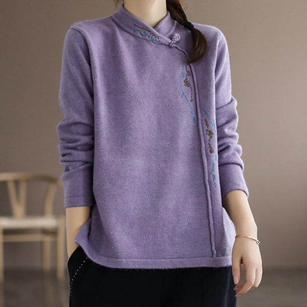 Ethnic embroidery mock neck long sleeve sweaters