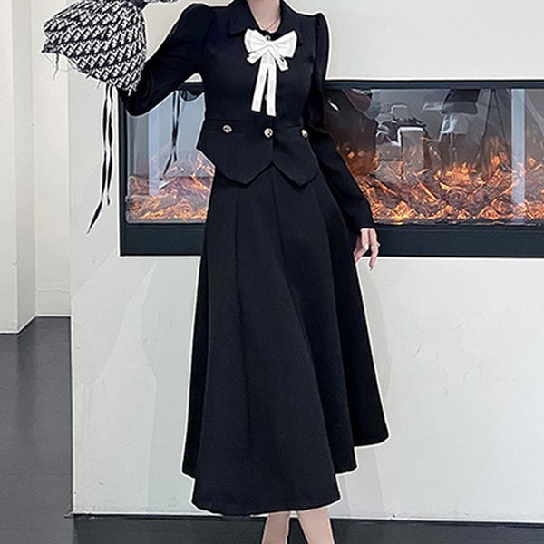 Elegant lapel bowknot long sleeve coats and high waist a-line skirts suits