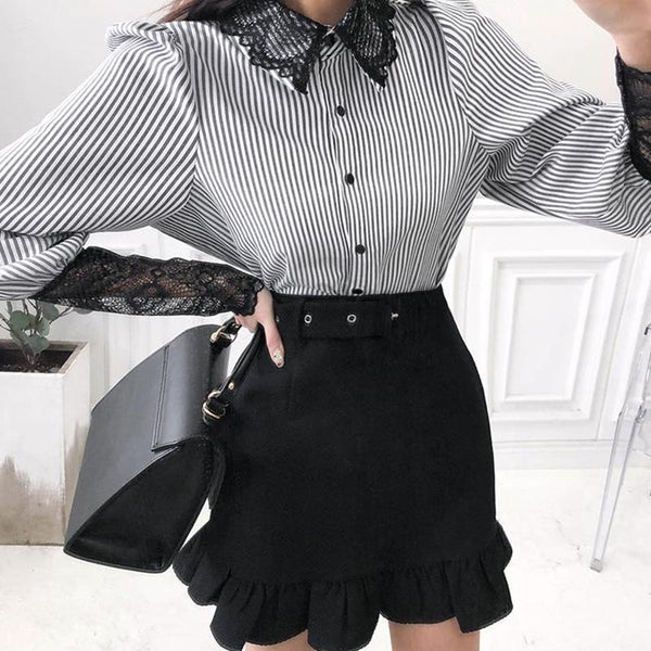 Lace patchwork striped blouses