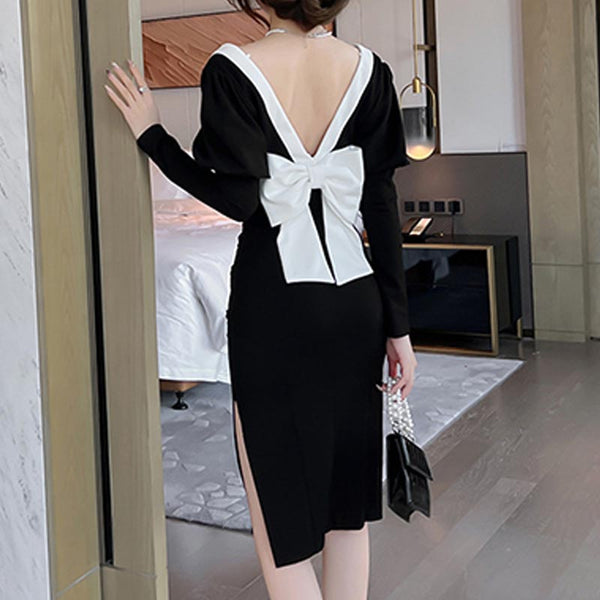 Retro patch backless  long sleeve square neck party dresses