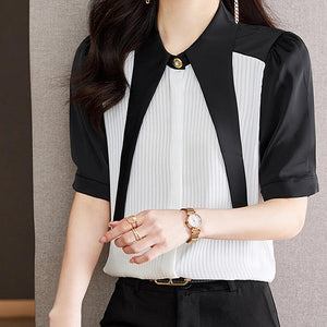 Color hit short sleeve pleated chiffon blouses