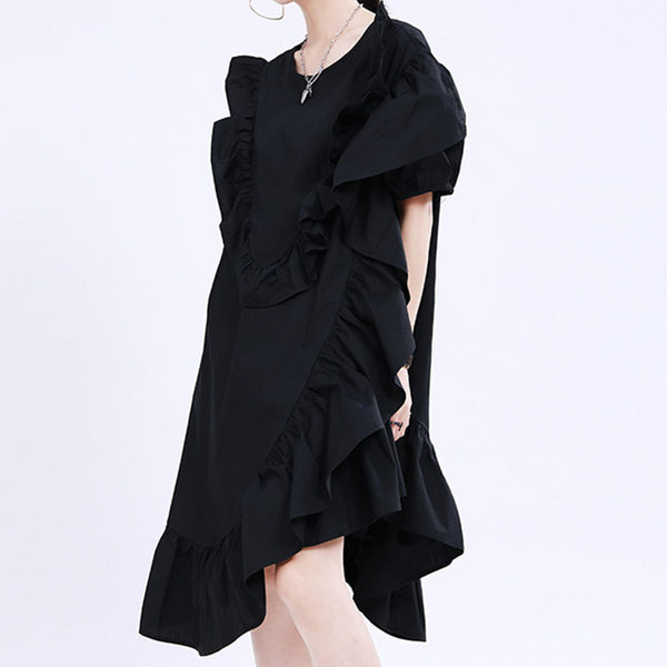 Puff sleeve lettuce ruffle shift dresses