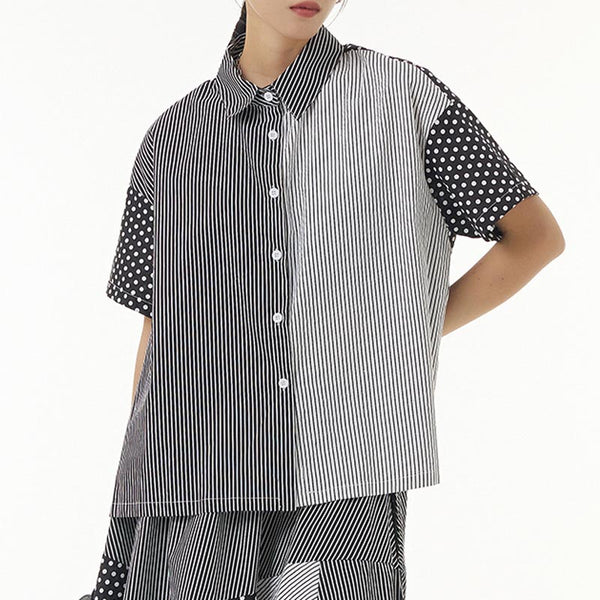 Loose dot stripe lapel short sleeve blouses