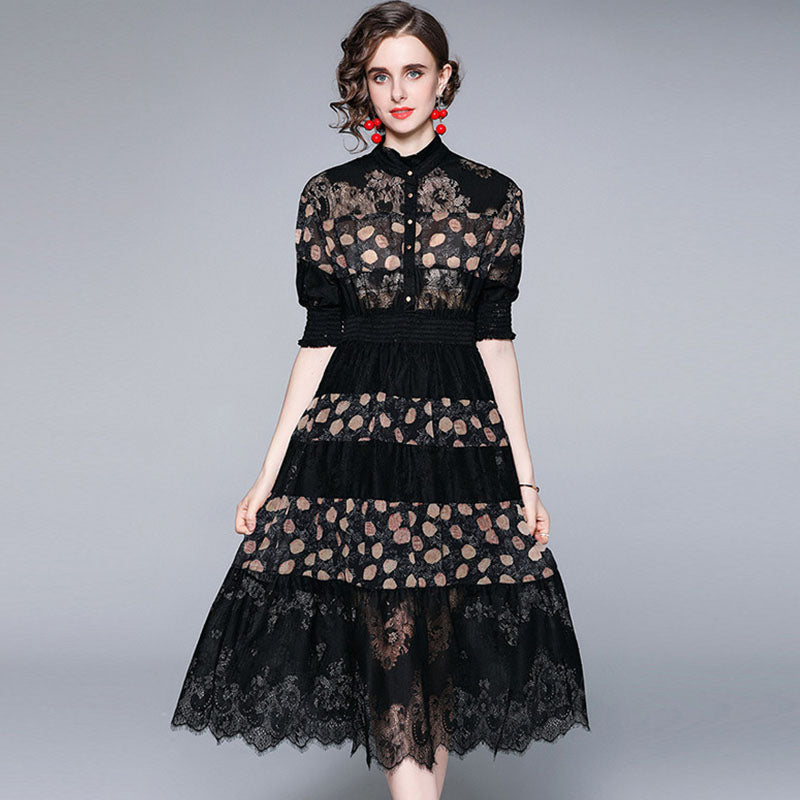 Retro half sleeve print patchwork lace dresses