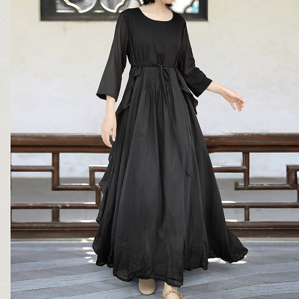 Elegant solid crew neck long sleeve big hem maxi dresses