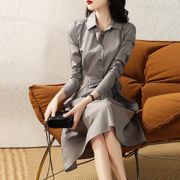 Casual lapel long sleeve belted shirt dresses