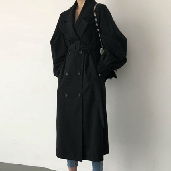 Lapel loose solid trench coats with belted