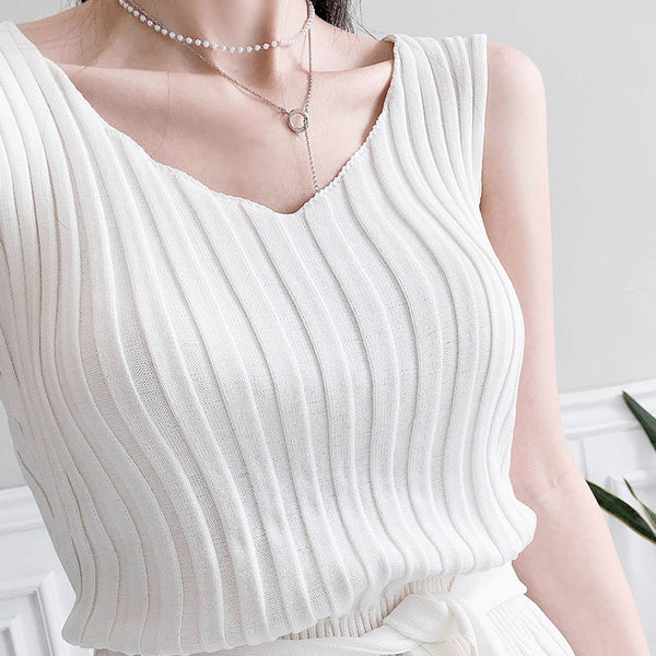 White v-neck sleeveless striped wrap knitted bodycon dresses