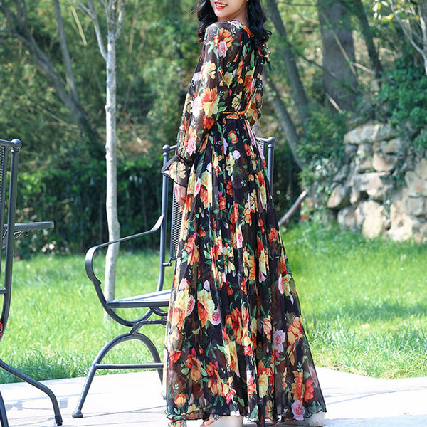 Floral peony print belted big hem maxi dresses