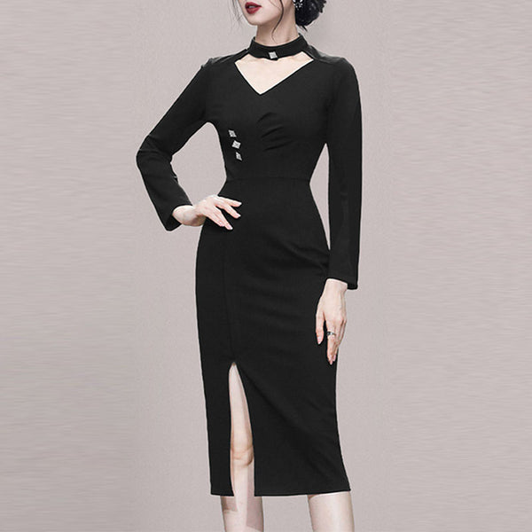 Halter neck long sleeve slim black dresses