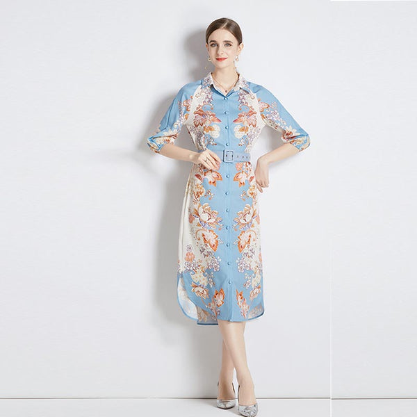 Retro print lapel single breasted dresses with belt
