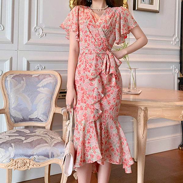 Elegant v-neck flare sleeve chiffon peplum dresses