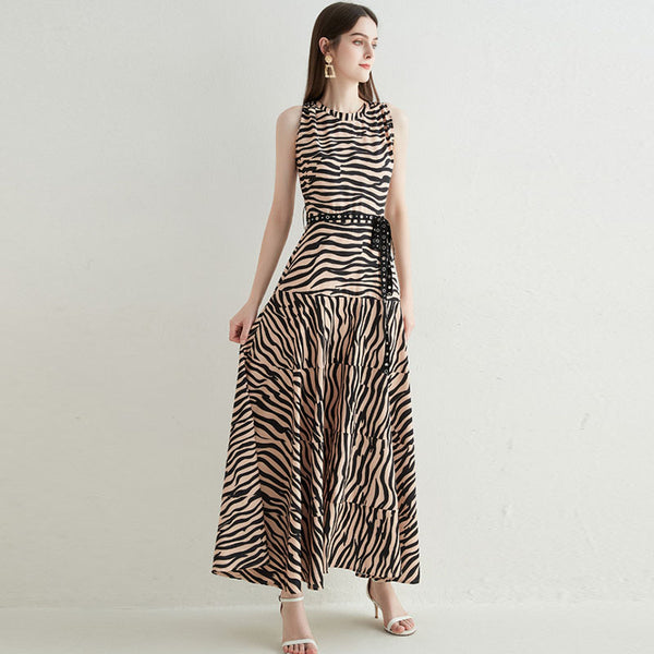 Vintage zebra-stripe sleeveless maxi dresses