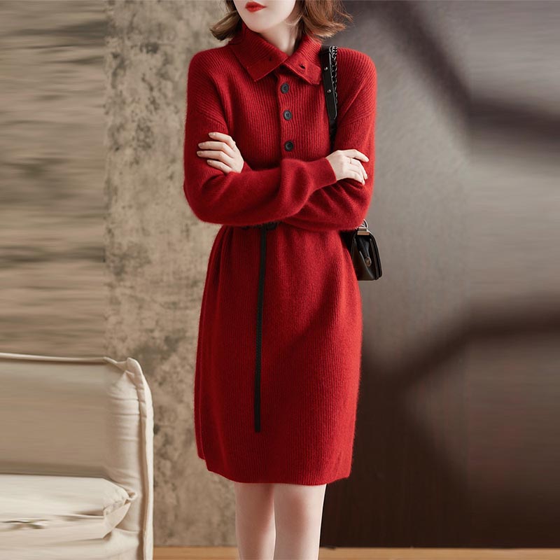 Retro red lapel long sleeve sweater dresses