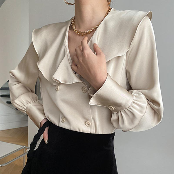 Elegant satin ruffled neck long sleeve blouses