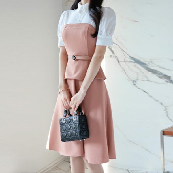 Stylish splicing lapel belted a-line dresses