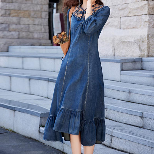 Embroidery frog buckle belted mermaid denim dresses